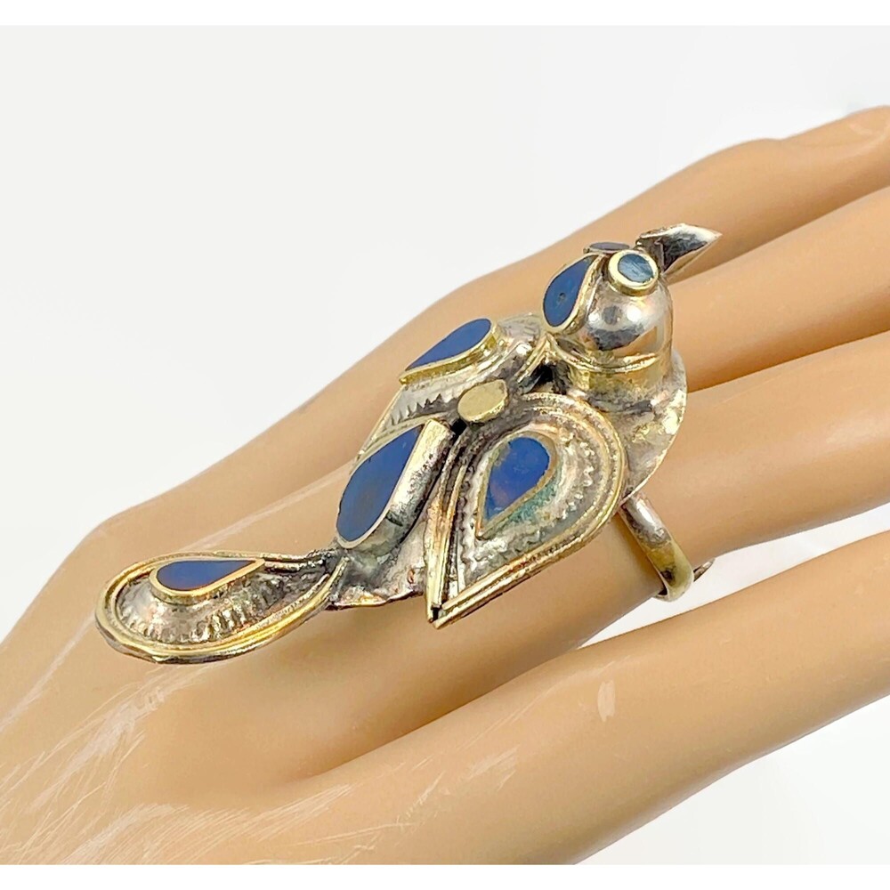 Bird Ring, Ethnic, Vintage, Blue Enameled, Afghan, Statement, Adjustable, Boho